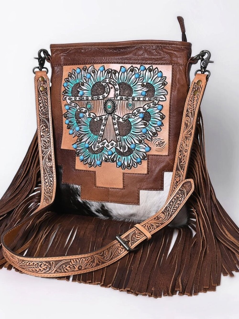 American Darling Hand-Tooled Leather Fringe Messenger Bag Cowhide Western Purse